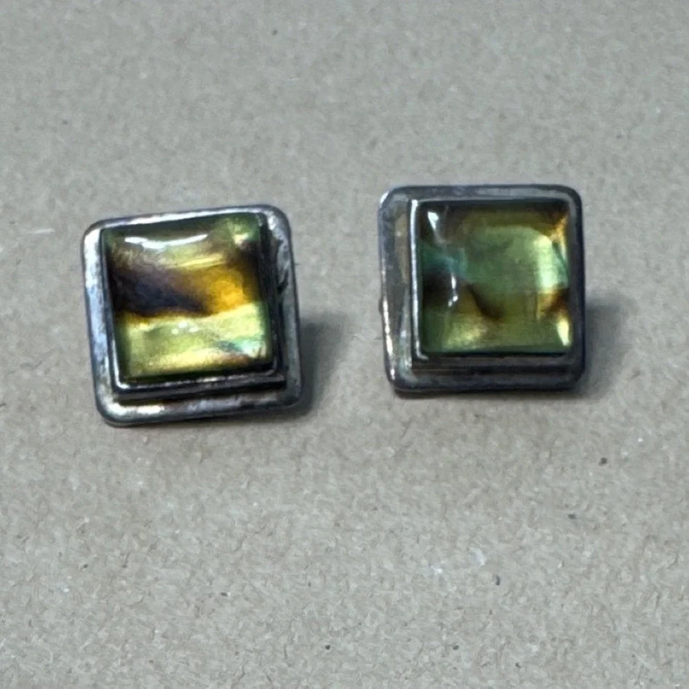 Vintage BEST Clip On Earrings Green Gold Iridescent Glass Square Silver Tone